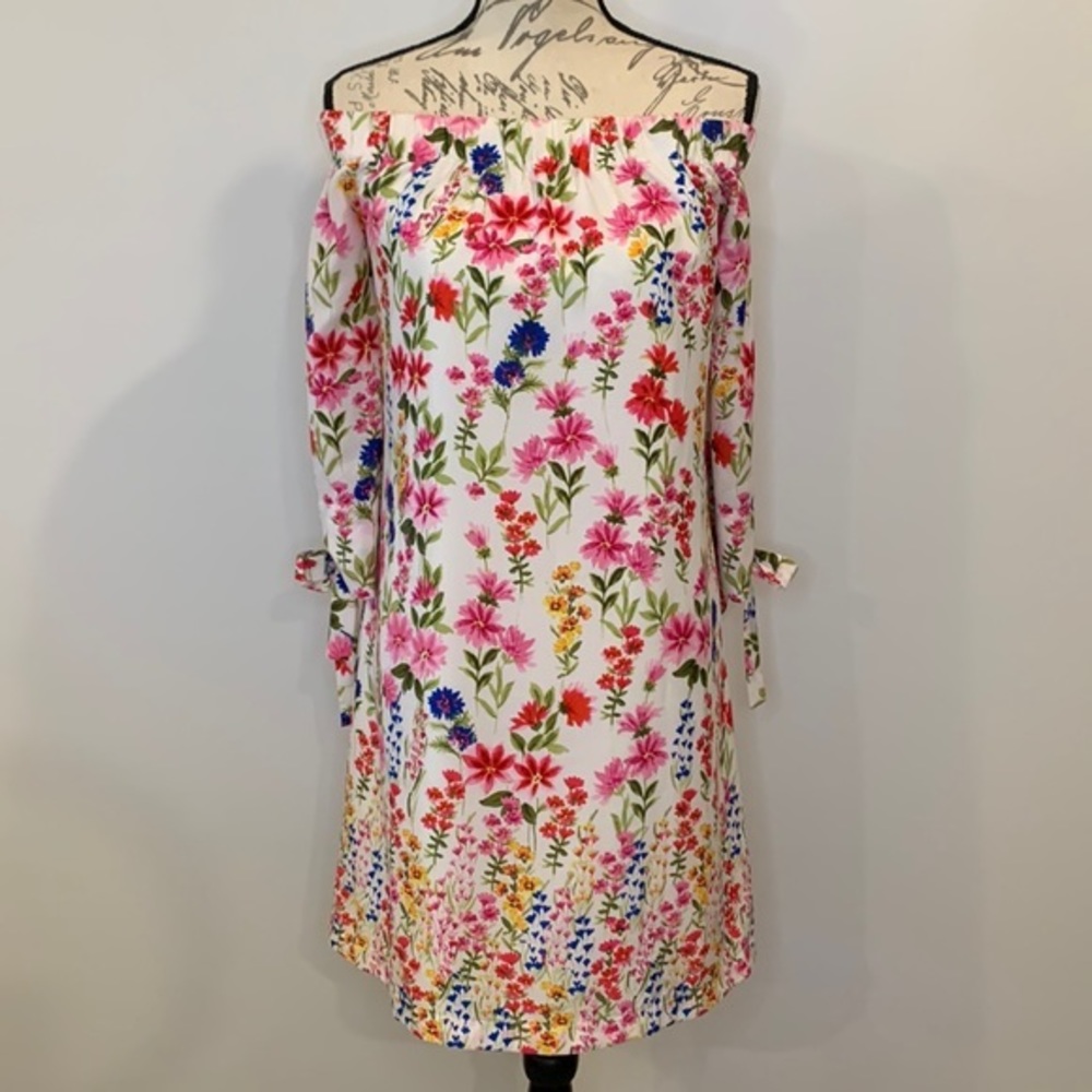 Vince Camuto off shoulder floral shift dress with arm ties fully lined 12